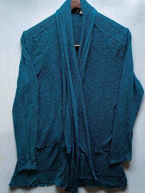 Fenini Sz L Open Front Linen Crinkle Cardigan Turquoise Blue Vintage Beautiful